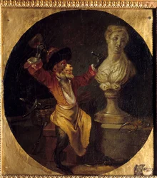 Kuvanveistäjä apina. Eläin miehen asennossa. Jean Antoine Watteaun (1684-1721) maalaus