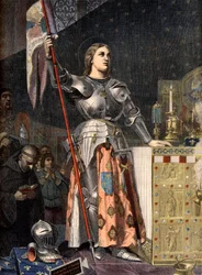 Jeanne d’Arcin (1412 - 1431) muotokuva Kaarle VII:n kruunajaisissa (1429), Ingresin kaiverrus - Jeanne d’Arc Kaarle VII:n kruunajaisissa, kaiverrus Ingresin mukaan