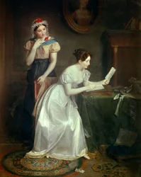Vastaus kirjeeseen Nuori nainen kiirehtii vastaamaan rakastajansa kirjeeseen - Jean Augustinin (Jean-Augustin) Franquelinin (1798-1839) maalaus 1800-luku Aurinko 0,46x0,38 m