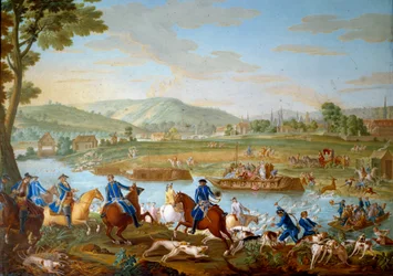Muistolaatta, joka edustaa Louis XVI:n metsästystä: peura ohittaa Oisen Royallieun rannikolta Compiegnen kaupungin näkyvissä. Jean Baptiste Oudryn (1686-1755) maalaus pehmeälle posliinille Nicolas Pierre Pithou l