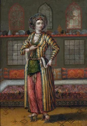 ""Konstantinopolin aateliston naisen muotokuva hammam-kengissä"" (Konstantinopolin jalo nainen hammam-kengissä) Maalaus Jean Baptiste Vanmourin koulusta (Van Mour) Öljy kankaalle, 25,5x18 - Yksityiskokoelma