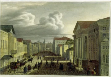 Tverskaya-katu Moskovassa (Tverskaya-katu Moskovassa). Auguste Jean Baptiste Antoine Cadolien (1782-1849) teos, litografia, väritys akvarellilla