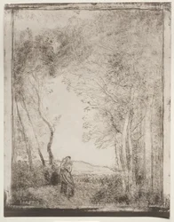 Nuori äiti puun sisäänkäynnissä, alkuperäinen jäljennös 1856, painettu 1921.