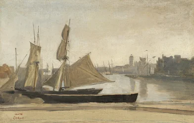 Dunkerque, kalastusveneet sidottu satamaan, n. 1830