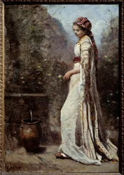 Kreikkalaisella tytöllä on suihkulähde. Camille Corotin (1796-1875) maalaus
