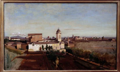 La Trinite des Montsin näkymä Villa Medicisistä Näkymä Trinita dei Montin kirkolle Roomassa. Camille Corotin (1796-1875) maalaus 1800-luvun aurinko. 0,45x0,74 m