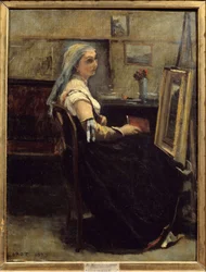 Työpaja tai nainen maalaustelineen edessä Camille Corotin (1796-1875) maalaus 1870 Su. 0,63 x 0,48 m Lyon, Kuvataidemuseo