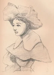 Nuoren naisen muotokuva suuressa hatussa, Hagarini, n. 1830