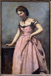 Nuori tyttö vaaleanpunaisella mekolla Camille Corotin (1796-1875) maalaus 1800-luvun su. 0,46x0,32 m Pariisi, musee d