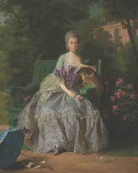 Muotokuva Marie Thérèse Louise Savoijin prinsessasta, Marie Thérèse Louise de Lamballesta (1749-1792), istuu kokopituinen, lila mekko päällään
