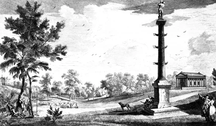 Näkymä kapteeni Grenvillen muistomerkistä kreikkalaiselle temppelille, Stowe House Gardens, kaiverrus George Bickham, 1753