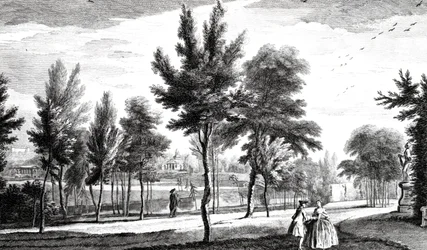 Näkymä Elysian kentälle Heliconin lähteestä, Stowe House Gardens, kaivertanut George Bickham, 1753