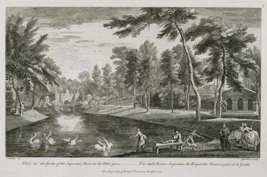 Näkymä Serpentine-joen luolalle Alder Grovessa Stowessa, 1753, kaivertanut George Bickham