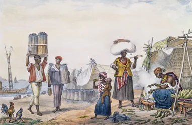 Mustat ihmiset myyvät hiiltä ja maissia, teoksesta "Voyage Pittoresque et Historique au Brésil", kaivertanut Thierry Frères, 1839
