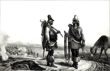 Charrúa-intiaaneja teoksesta "Voyage Pittoresque et Historique au Brésil", kaivertanut C. Motte