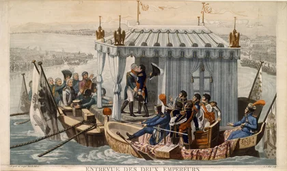 Venäjän keisari Aleksanteri I:n ja Ranskan keisari Napoleon I:n tapaaminen Niemenjoella Tilsitin lähellä heinäkuussa