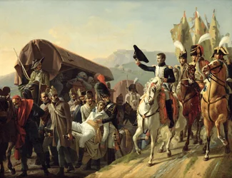 Napoleon (1769-1821) osoittaa kunnioitusta haavoittuneiden rohkeudelle, 1806