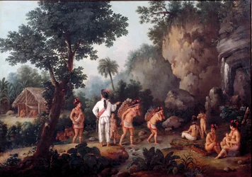 Orjuus: "orjien metsästys". Intiaaniperheitä (Brasiliasta?) joutuu orjakauppiaiden vangiksi. São Paulon museo, Brasilia.
