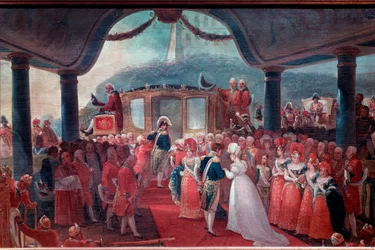 Mary Leopoldinen saapuminen Habsburg-Lorrainen (Habsburg Lorraine) tai Itävallasta (1797-1826) Rio de Janeiroon vuonna 1817 naimisiin Brasilian keisari Pietari I:n kanssa. Kahta sulhasta edustaa Portugalin kuningas Joao VI (Johannes VI tiedossa kuin Cle