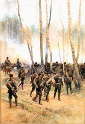 Sotilas rintamalla, 1885 (wc, mustaa tussia ja vartaloväriä paperille)