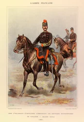 Kapteeni Jules Richardin ranskalaisen armeijan tyypit ja univormut, kuvittanut Edouard Detaille (1848-1912): tykistölentueen päällikkö, joka komensi divisioonan ratsuväen pattereita suuressa asussa vuonna 1887, yksityinen kokoelma