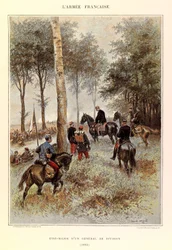 Kapteeni Jules Richardin ranskalaisen armeijan tyypit ja univormut, kuvittanut Edouard Detaille (1848-1912): Divisioonan kenraalin henkilökunta vuonna 1884, yksityinen kokoelma