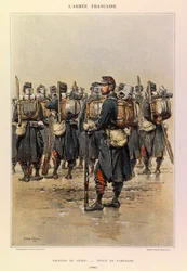 Kapteeni Jules Richardin ranskalaisen armeijan tyypit ja univormut, kuvittanut Edouard Detaille (1848-1912): Genien saappaaja maalaispuvussa vuonna 1886, yksityinen kokoelma