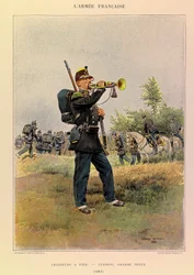 Kapteeni Jules Richardin ranskalaisen armeijan tyypit ja univormut, kuvittanut Edouard Detaille (1848-1912): Metsästäjät jalkaisin: Bugle upeassa mekossa vuonna 1885, yksityinen kokoelma