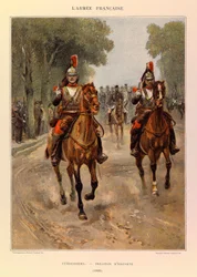 Kapteeni Jules Richardin ranskalaisen armeijan tyypit ja univormut, kuvittanut Edouard Detaille (1848-1912): Cuirassiers: Escort-joukkue vuonna 1885, yksityinen kokoelma