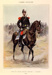Kapteeni Jules Richardin ranskalaisen armeijan tyypit ja univormut, kuvittanut Edouard Detaille (1848-1912): Erityissotakoulun oppilas: ratsuväki vuonna 1885, yksityinen kokoelma