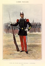 Kapteeni Jules Richardin ranskalaisen armeijan tyypit ja univormut, kuvittanut Edouard Detaille (1848-1912): Erityissotakoulun oppilas: jalkaväki vuonna 1885, yksityinen kokoelma