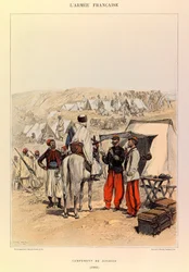 aKapteeni Jules Richardin ranskalaisen armeijan tyypit ja univormut, kuvittanut Edouard Detaille (1848-1912): Zouaves-leiri vuonna 1886, yksityinen kokoelma
