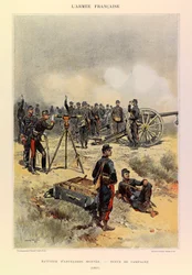 Kapteeni Jules Richardin ranskalaisen armeijan tyypit ja univormut, kuvittanut Edouard Detaille (1848-1912): Tykistön patteri asennettu kenttäpukuun vuonna 1887, yksityinen kokoelma