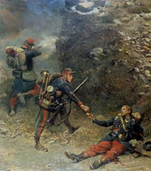 Sota 1870: "" Gibernen pohja"" Loukkaantunut jalkaväki antaa viimeiset ammukset kumppanilleen Champignyn taistelun aikana (11.11.1870). Yksityiskohta Jean-Baptiste-Edouard Detaillen (1848-1912) ja Alphonse de Neuvillen (Deneuvi) maalauksesta
