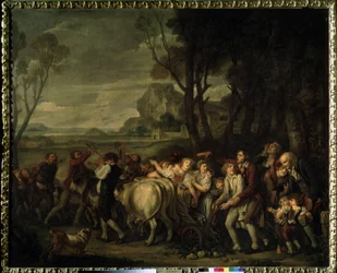 ""Ensimmäinen vao"" (Ensimmäinen vago) Talonpoikafestivaali, joka järjestetään kynnyksen alkaessa kaivetun ensimmäisen vaon jäljittämisen yhteydessä. Jean Baptiste Greuzen (1725-1805) maalaus 1801 Pushkin-museo, Moskova