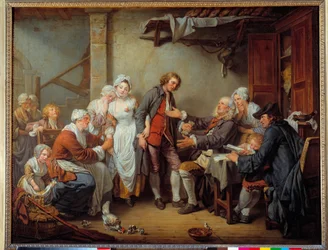 Kylämorsian. Morsiamen isä antaa myötäjäiset vävylleen. Maalaus, 1761 (1725-1805). Mitat: 0,92 x 1,17 m.