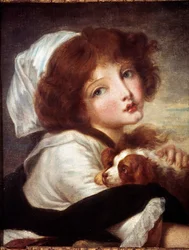 Jean Baptiste Greuzen (1725-1805) maalaus Nuori tyttö pienen koiran kanssa 1700-luvun Pariisi, Musee Cognacq Jay.