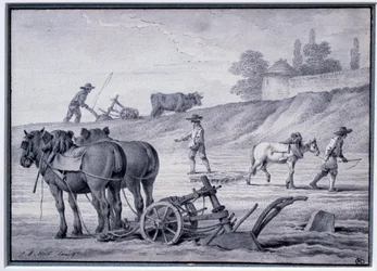 Maatalous: kyntökohtaus. Piirustus Jean Baptiste Huet (1745-1811) 1700-luvun Pariisi, Louvre-museo