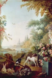 Kaksi kania, harakka ja koira, Gilles Demarteaun salongista (1722-76)