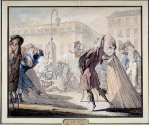 Muoti Ranskan vallankumouksen aikana: "Pikku Coblentz" Tämä oli erittäin hyvämaineinen salonki johtokunnan alaisuudessa. Satiirinen litografia Jean Baptiste Isabey (1767-1855) 1789. Musee Carnavalet, Paris