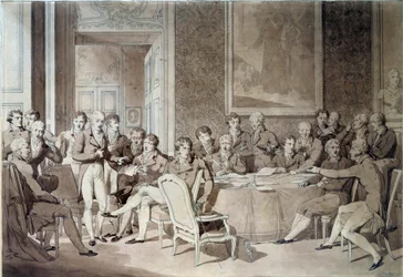 Wienin kongressi (1814-1815) Pariisin sopimuksen jälkeen vuonna 1814. Se yhdisti kahdeksan maailmanvaltaa ja pyrki määrittelemään rajat uudelleen Napoleon I:n valtakunnan kaatumisen jälkeen. Aleksanteri I, Venäjän tsaari; H.R. Stewart, Castlereagh; Francoi