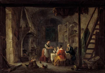 Benedicite-kohtaus ateriasta talonpoikaisperheessä, rukous. Jean Baptiste Lallemantin (1710-1803) maalaus 1700-luvulta Bourg en bresse, Musee de Brou
