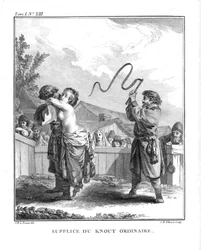 Natalia Fjodorovna Lopuhinan rankaiseminen tavallisella ruoskalla. Teoksesta "Voyage en Sibérie", 1766