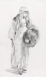Venäläinen nainen turkismuhvilla par Le Prince, Jean-Baptiste (1734-1781), Vuosina 1758-1761 - Musta liitu paperille, 22,9x13,8 - Yksityiskokoelma