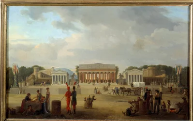 Näkymä suuresta teatterista Place de la Concorde -aukiolla Pariisissa fete de la Paix -juhlille 18. sumu ja X (11.9.1801) Jean Baptiste Cazinin (1791-1810) maalaus 1801 Su. 0,35x0,56 m Pariisi, Musee Carnavalet