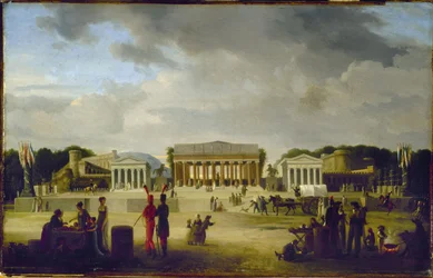 Vue du grand théâtre élevé sur la place de la Concorde pour la fête de la Paix, le 18 brumaire, an X (9 novembre 1801), vuonna 1801 (öljy puulle)
