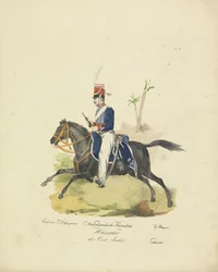 Hollannin Itä-Intian armeijan husaari, 1820-1825 Itä-Intian hollantilainen Kavalerie Hussaar (otsikko esineessä) Alankomaiden kuningaskunnan sotilasasut. Omistettu Hänen ylhäisyydelleen Willem van Bylandtille (esineessä sarjan nimi)