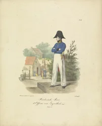 Terveysviranomainen, 1820-1825 Hollannin armeija. 1. terveystarkastaja Alankomaiden kuningaskunnan sotilasasut. Omistettu Hänen ylhäisyydelleen Willem van Bylandtille (esineessä sarjan nimi)