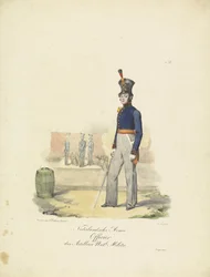 Tykistöupseeri, 1820-1825; Alankomaiden armeijan kansallisen miliisin tykistöupseeri (esineeseen merkitty nimi); Alankomaiden kuningaskunnan sotilaspuvut. Omistettu Hänen Ylhäisyydelleen Willem van Bylandtille (esineeseen merkitty sarjan nimi)