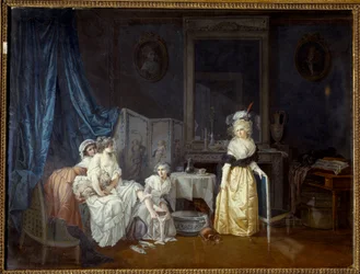WC Nuori nainen neitojensa avulla on menossa kylpyyn. Jean Baptiste Malletin maalaus
